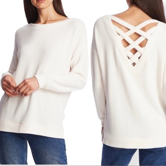1. STATE Lattice V-Back Waffle Weave Sweater in Ecru NWT - Picture 1 of 4